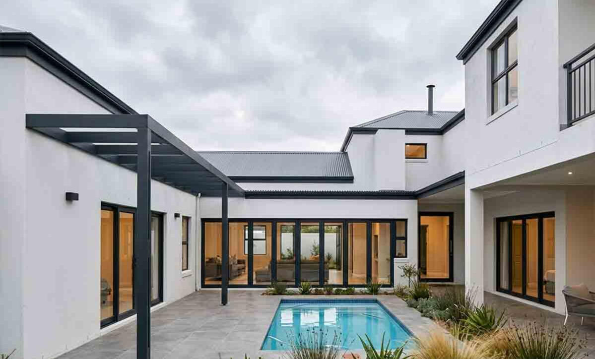 Architectural visualization of a modern home courtyard with large floor-to-ceiling glass folding doors, white plaster walls, and a sleek black pergola overlooking a swimming pool.