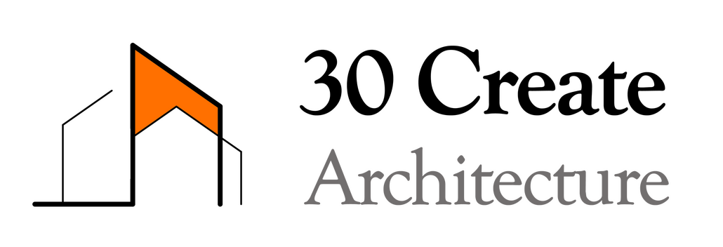 30 Create Architecture logo featuring a minimalist orange and black geometric house outline with clean serif typography on a white background.