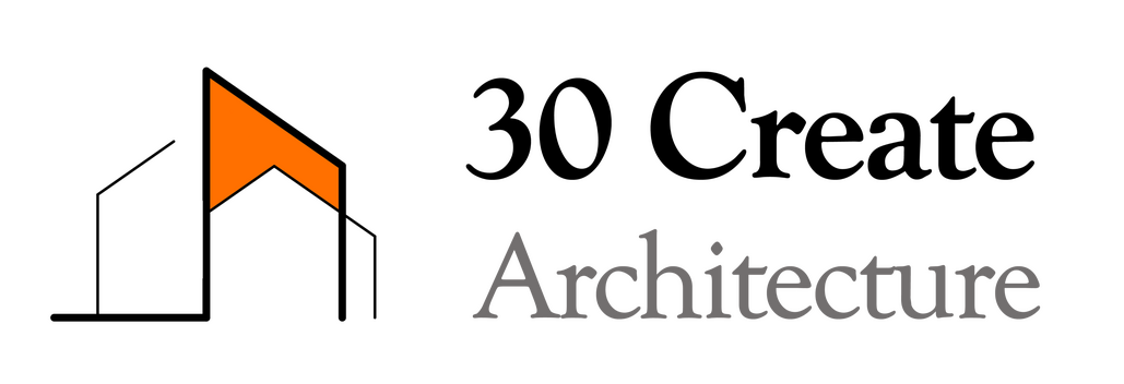 30 Create Architecture logo featuring a minimalist orange and black geometric house outline with clean serif typography on a white background.
