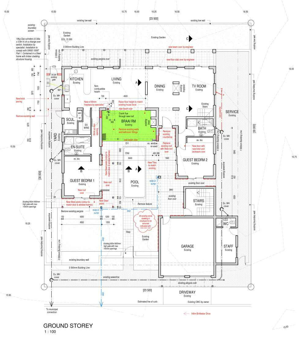 Detailed ground storey architectural plan featuring a U-shaped residential layout, including a central pool area, braai room, kitchen, and staff quarters with technical dimension strings.
