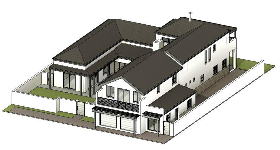 3D architectural model of a modern multi-level home with dark gabled roofs, white exterior walls, and a secure perimeter fence, showcasing the building's street-side massing.