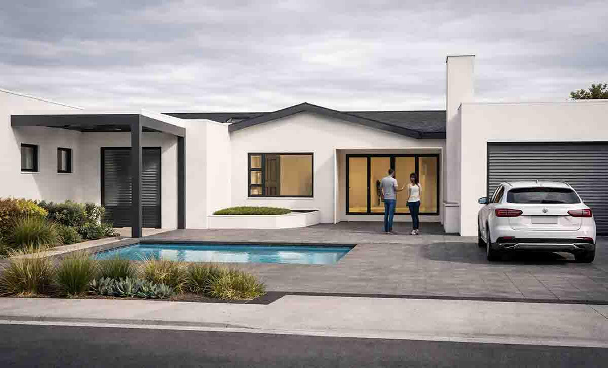 High-end residential 3D rendering showing a minimalist L-shaped house with a private swimming pool, outdoor patio area, and white modern facade under a cloudy sky.