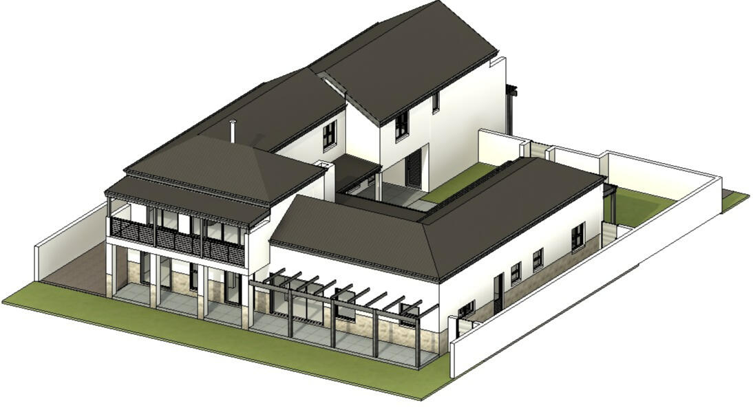 3D model 3D architectural model of a modern multi-level home with dark gabled roofs, white exterior walls, and a secure perimeter fence, showcasing the building's street-side massing.