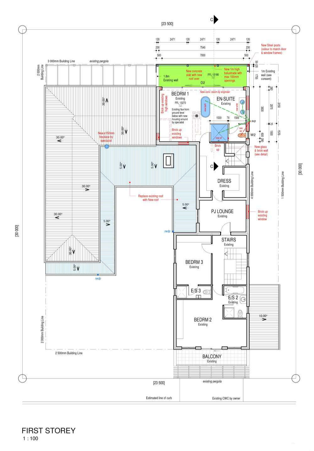 First storey architectural drawing showing the upper-level suite with a private balcony, PJ lounge, and multiple bedrooms with en-suite bathrooms and spatial annotations.