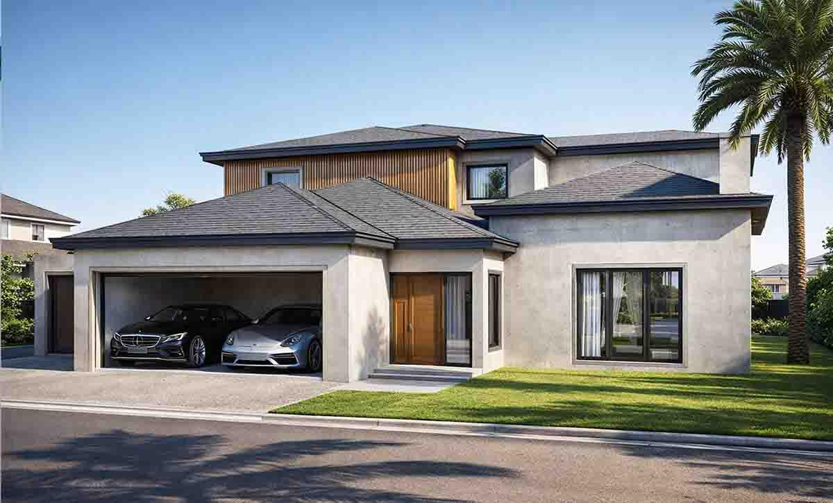 House Cohen Photorealistic 3D architectural render of House Cohen, a modern two-story residence with a smooth gray concrete finish, warm wood accents, and a spacious two-car garage featuring luxury vehicles.