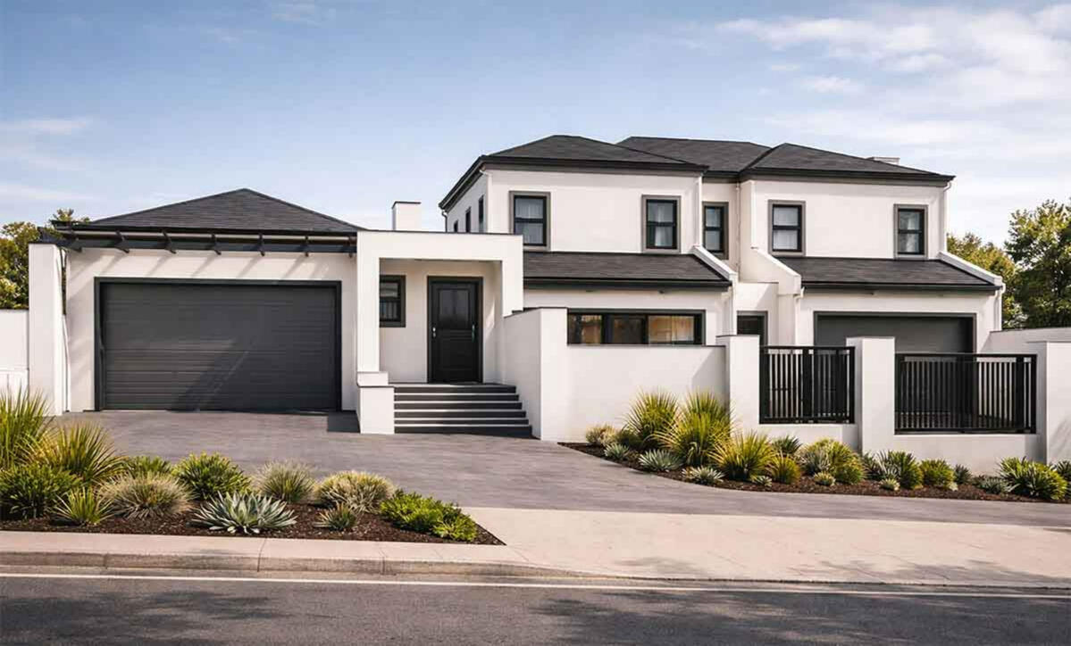 House Taim Modern residential architecture visualization featuring a clean white exterior, dark metal window frames, and minimalist desert landscaping with a charcoal gray garage door.