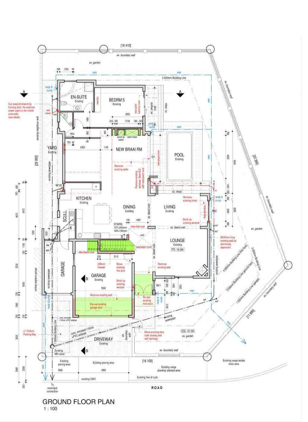 Ground Floor Plan Detailed architectural ground floor plan showing a residential layout with a kitchen, living area, lounge, and a two-car garage, including technical annotations and property boundary lines.