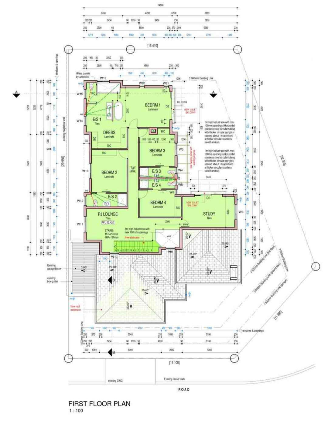 Technical first floor architectural drawing illustrating a multi-bedroom residential layout with en-suite bathrooms, a study, and a PJ lounge, color-coded for space planning.