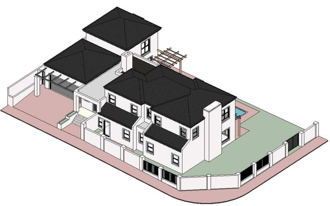 3D axonometric view of a modern residential design showing the street-facing facade, dark gabled roofs, and white exterior finish on a corner property.