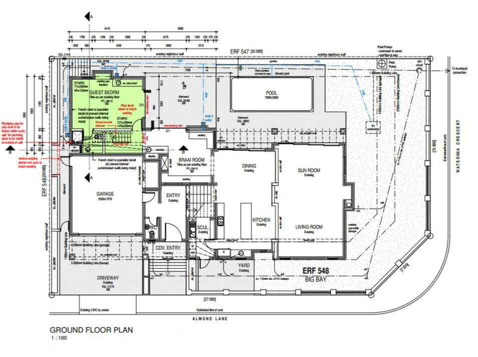 Ground Floor Plan Technical architectural site plan for a corner-lot residence, showing the ERF boundary, ground floor layout with a braai room, sun room, and swimming pool placement.