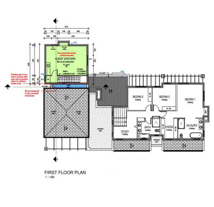 Architectural floor plan of the upper level featuring a guest upstairs suite, multiple bedrooms, and a study, with precise dimensions and spatial annotations.