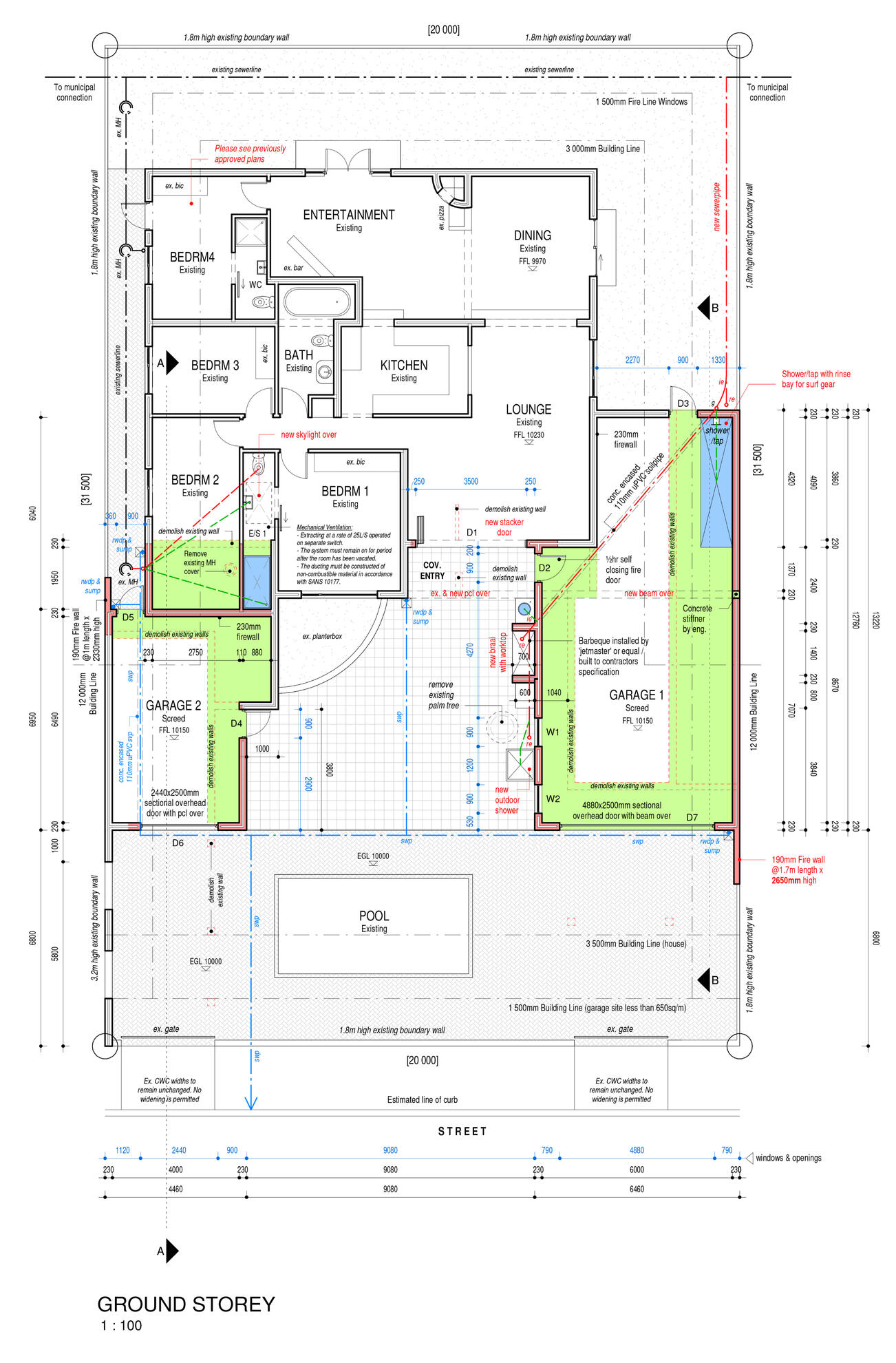 Architectural ground storey plan for a modern residence featuring a double garage, central pool courtyard, and an integrated entertainment and lounge area.