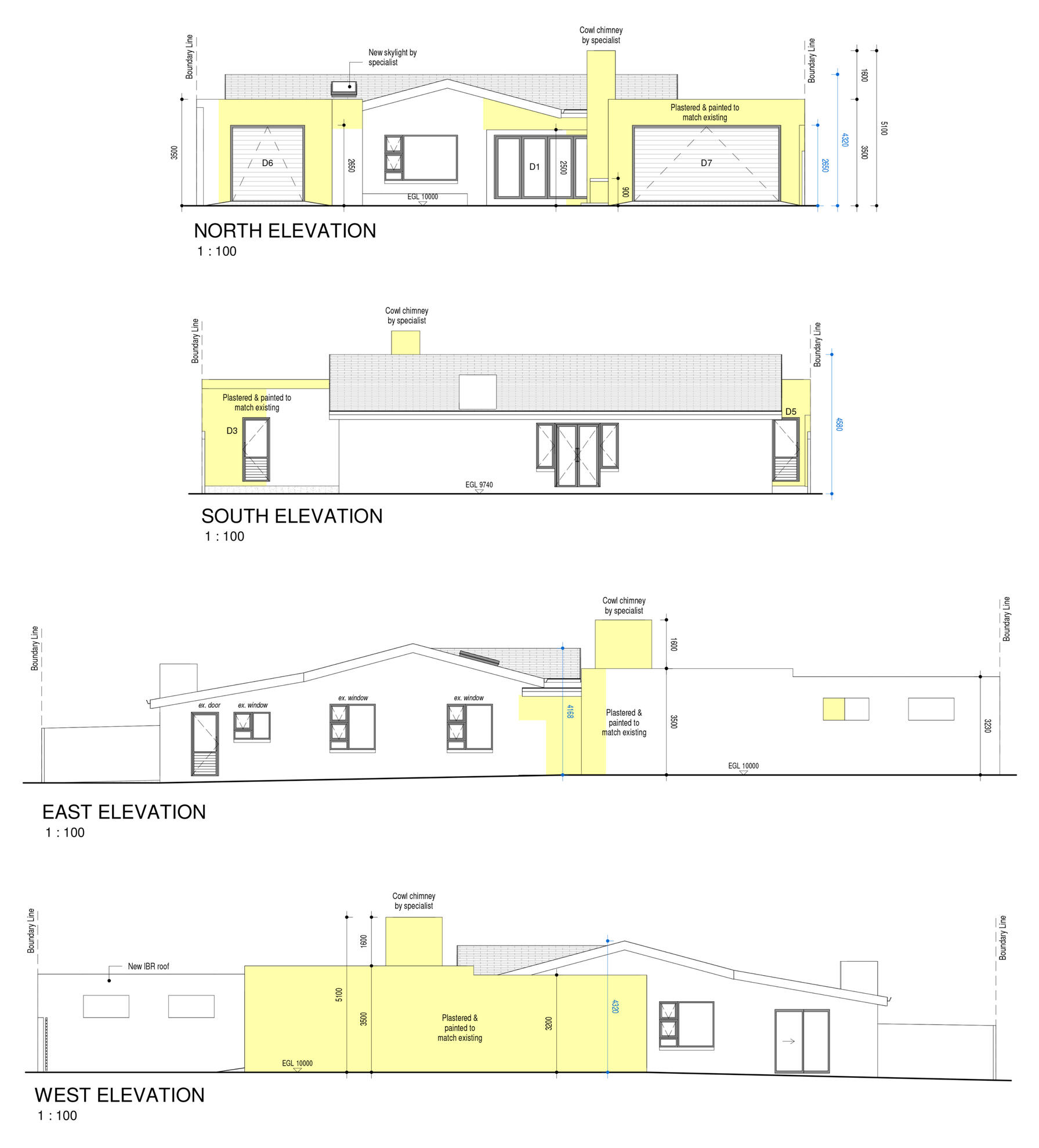 Elevations Technical architectural elevation drawings showing the north, south, east, and west exterior views of a modern residential building with gabled rooflines and plaster finishes.