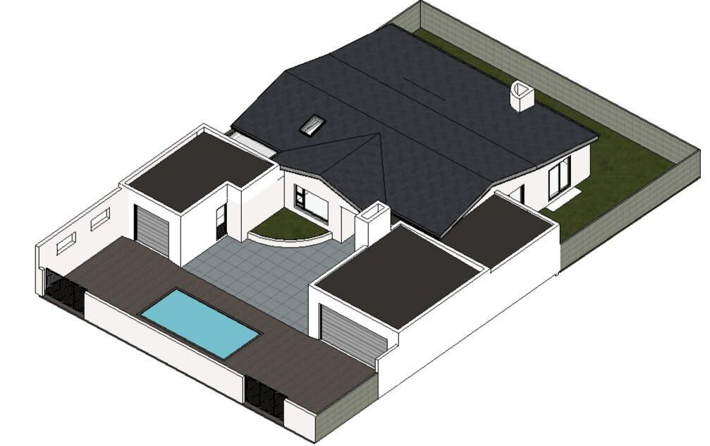 3D model Detailed 3D architectural visualization showing the rear view of a luxury residence with an outdoor patio, swimming pool, and sleek modern fencing.