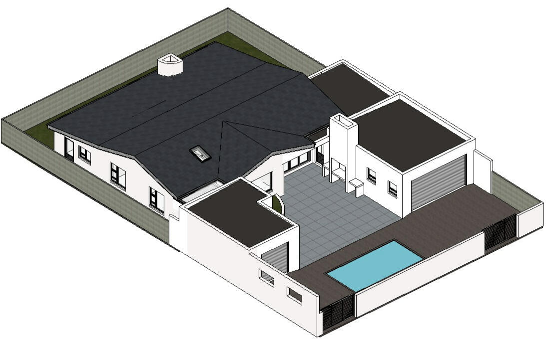 3D model Detailed 3D architectural visualization showing the rear view of a luxury residence with an outdoor patio, swimming pool, and sleek modern fencing.